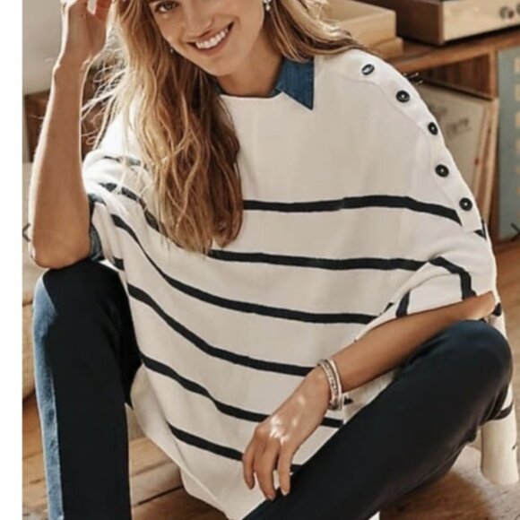 J. Jill Sweater Knit Cape Poncho White & Navy-Blue Stripe - Picture 1 of 5